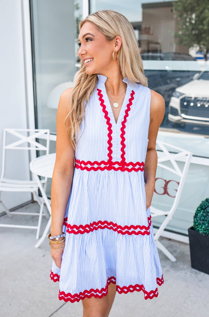 Preppy Ric Rac Trim Mini Dress - Navy/White - BluePeppermint Boutique
