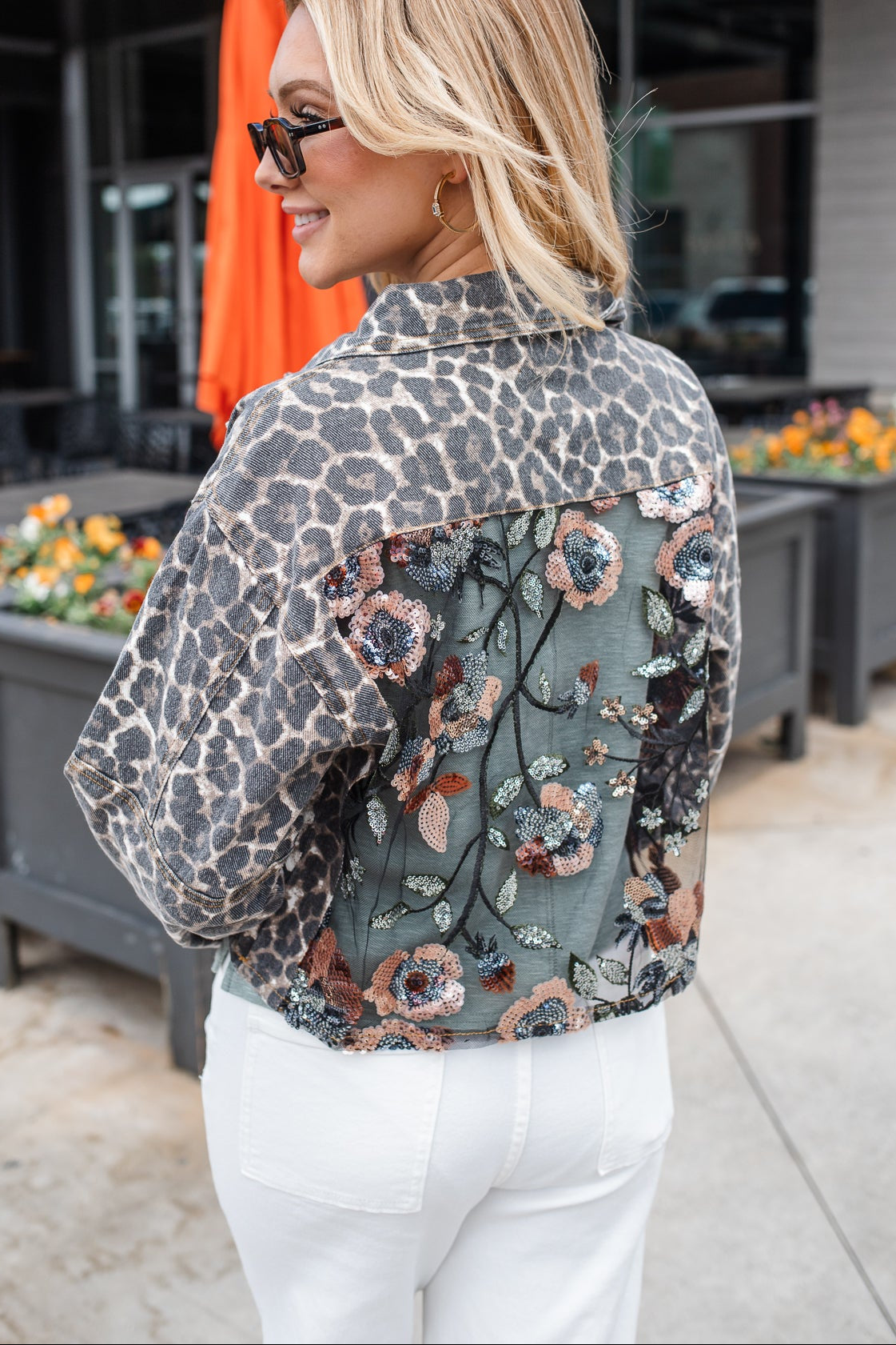 Wild Bloom Sequin Back Leopard Denim Jacket