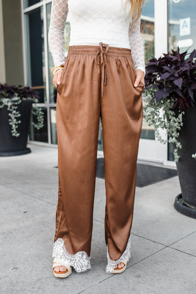 Slow Dance Satin Lace Trim Wide Leg Pants - Brown | BluePeppermint