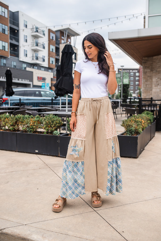 Plaid Star Patch Pants - BluePeppermint Boutique