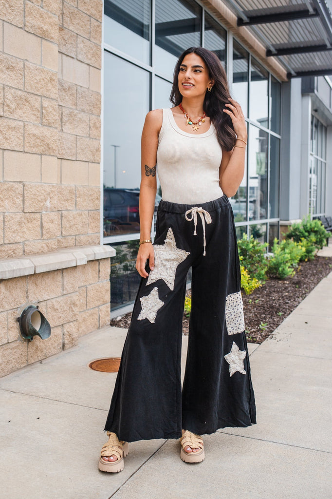 Star Patch Lounge Pants - Black - BluePeppermint Boutique