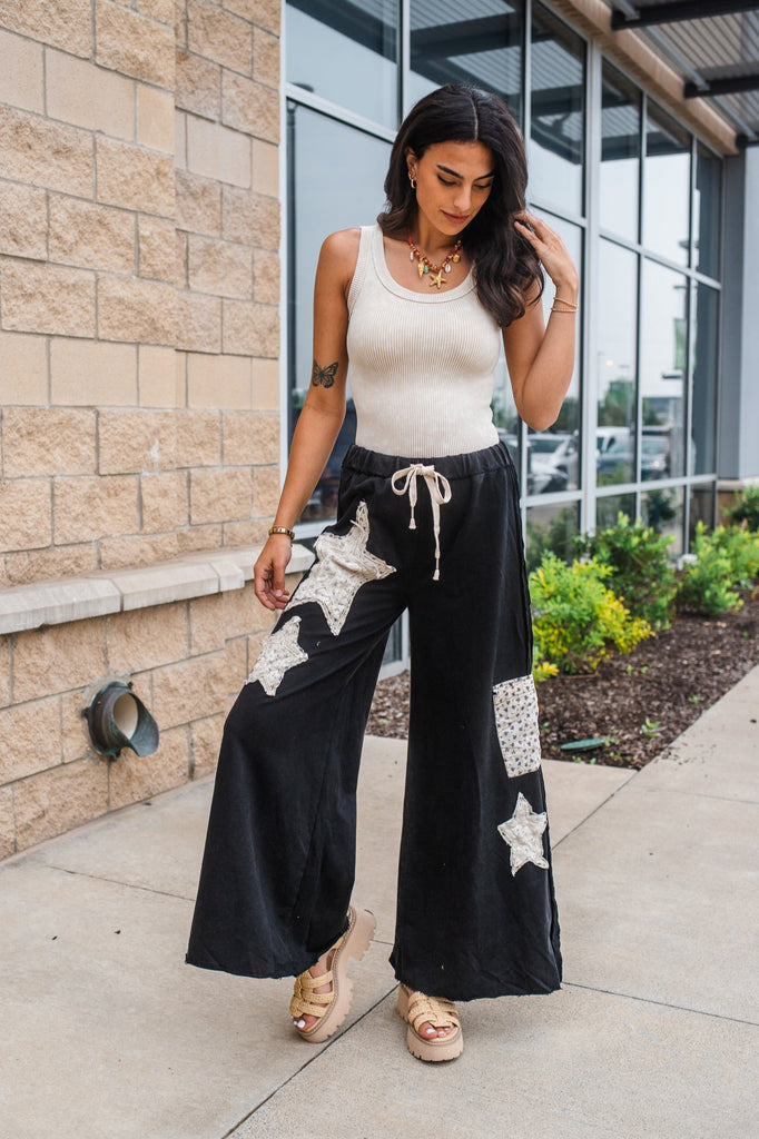 Star Patch Lounge Pants - Black - BluePeppermint Boutique
