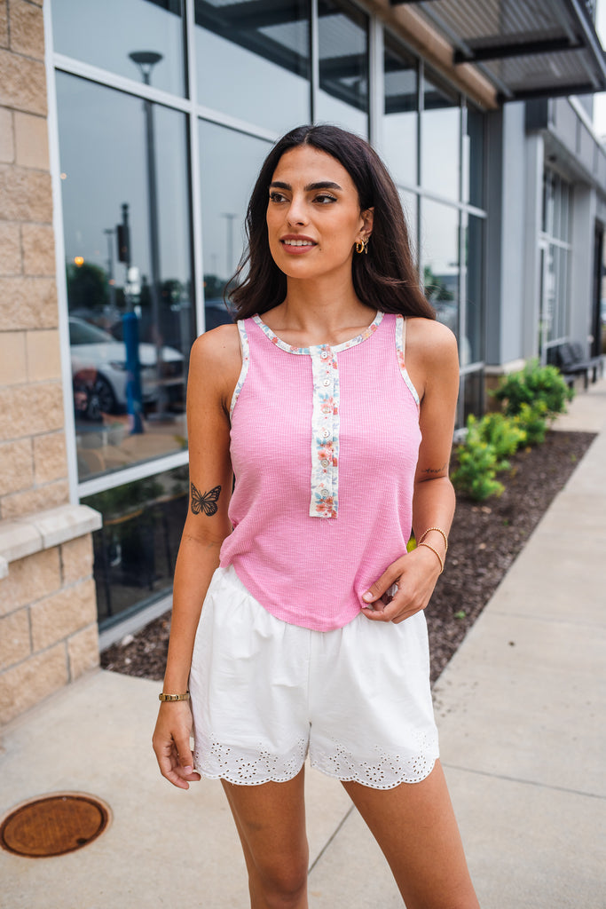 Kai Floral Contrast Tank - Soft Pink - BluePeppermint Boutique