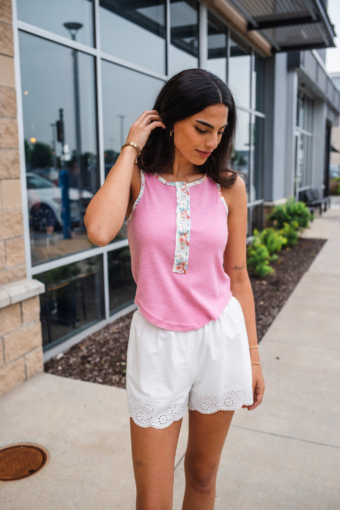 Kai Floral Contrast Tank - Soft Pink - BluePeppermint Boutique