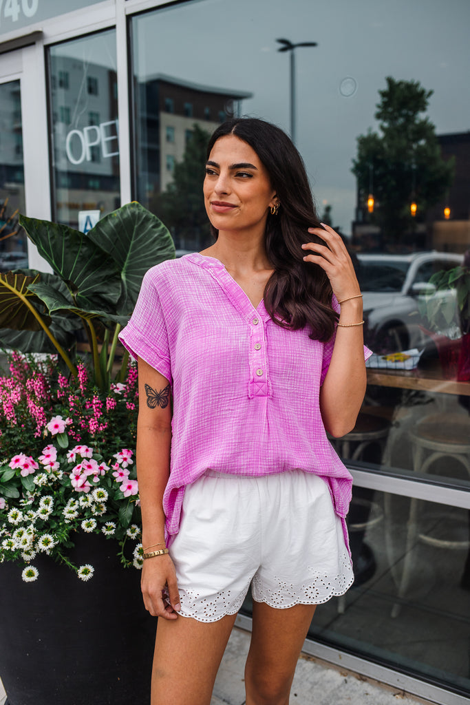 Go Gauzy Button Top - Bright Mauve - BluePeppermint Boutique