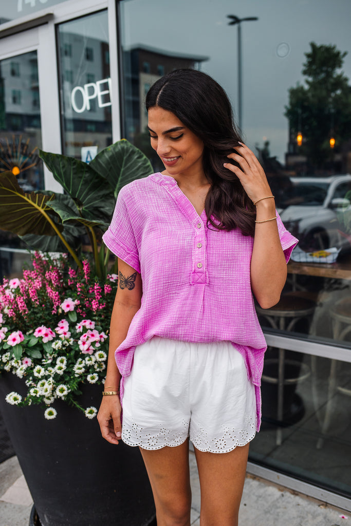 Go Gauzy Button Top - Bright Mauve - BluePeppermint Boutique