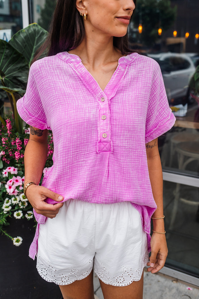 Go Gauzy Button Top - Bright Mauve - BluePeppermint Boutique