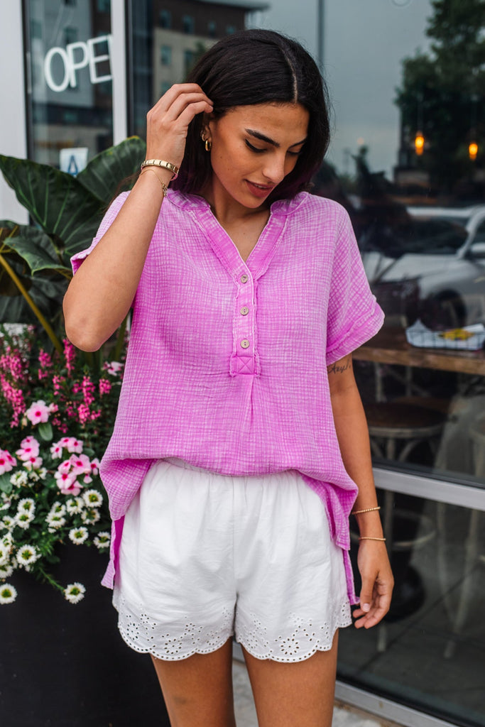 Go Gauzy Button Top - Bright Mauve - BluePeppermint Boutique