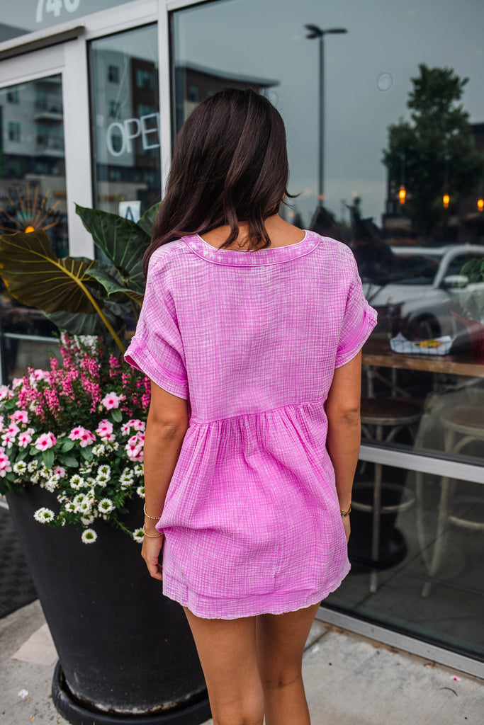 Go Gauzy Button Top - Bright Mauve - BluePeppermint Boutique