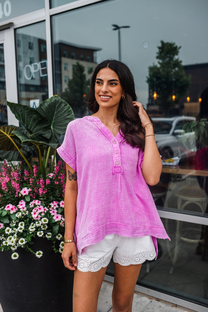 Go Gauzy Button Top - Bright Mauve - BluePeppermint Boutique