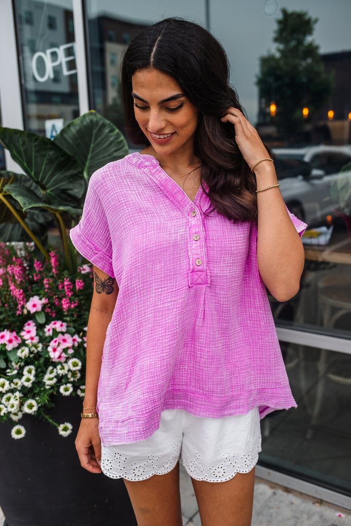 Go Gauzy Button Top - Bright Mauve - BluePeppermint Boutique