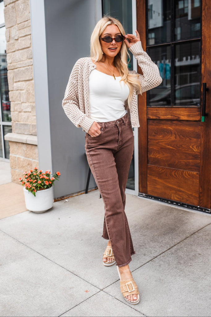 Foster Frayed Bootcut Jeans - Brown - BluePeppermint Boutique
