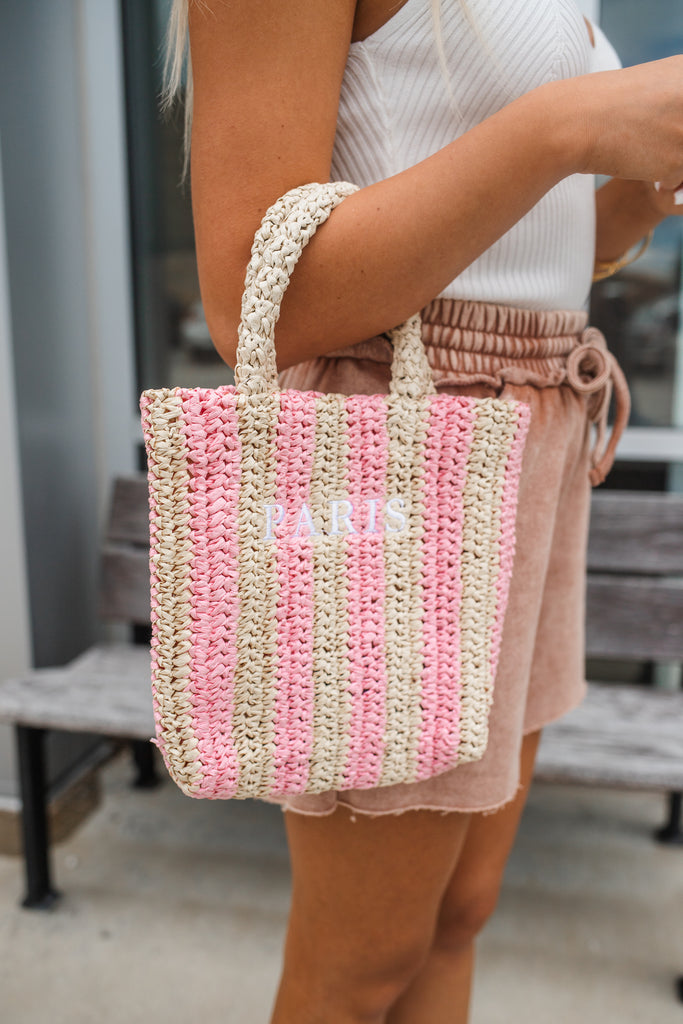 “Paris” Stripe Crochet Mini Bag-Pink - BluePeppermint Boutique