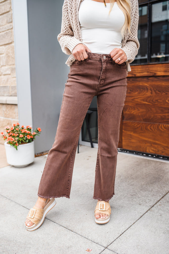 Foster Frayed Bootcut Jeans - Brown - BluePeppermint Boutique
