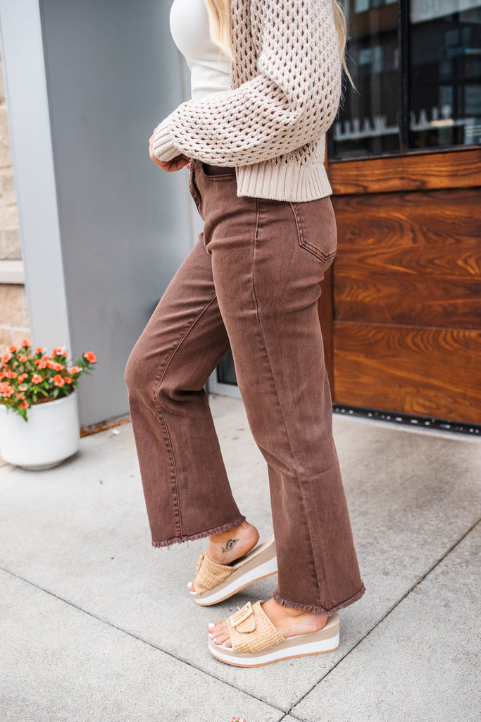 Foster Frayed Bootcut Jeans - Brown - BluePeppermint Boutique
