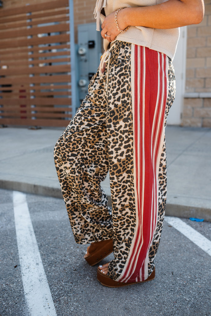 Crimson Leopard Drawstring Pants - BluePeppermint Boutique