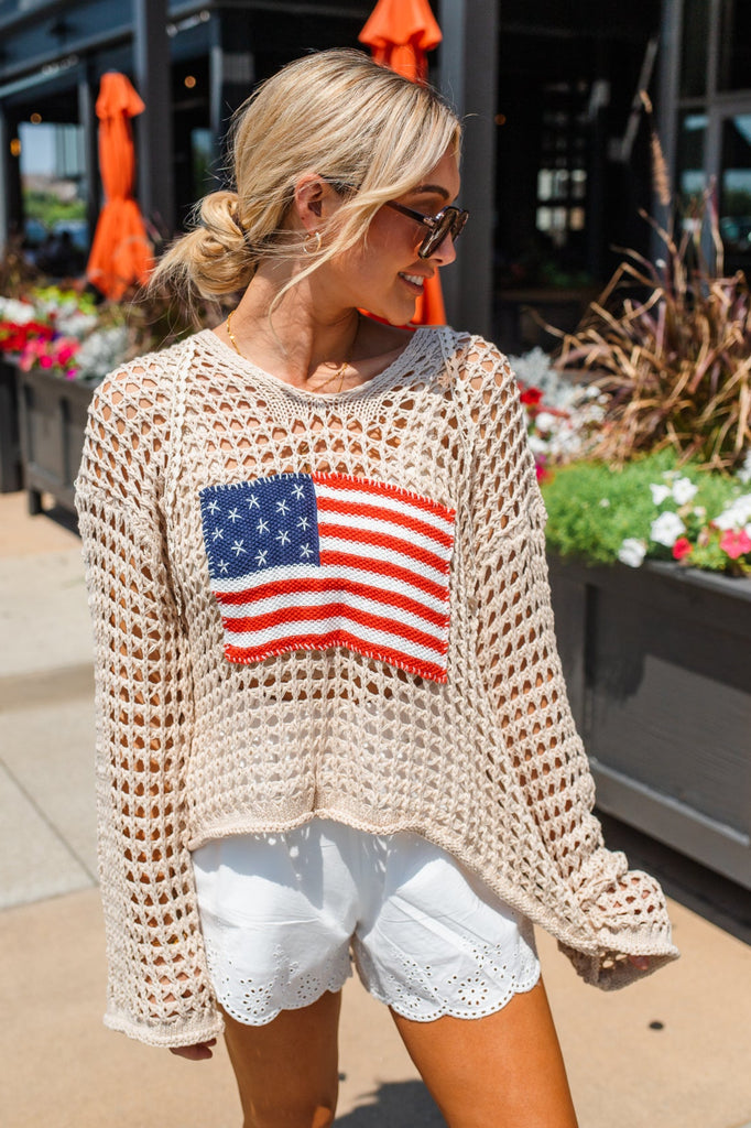 Crochet American Flag Top - Beige - BluePeppermint Boutique