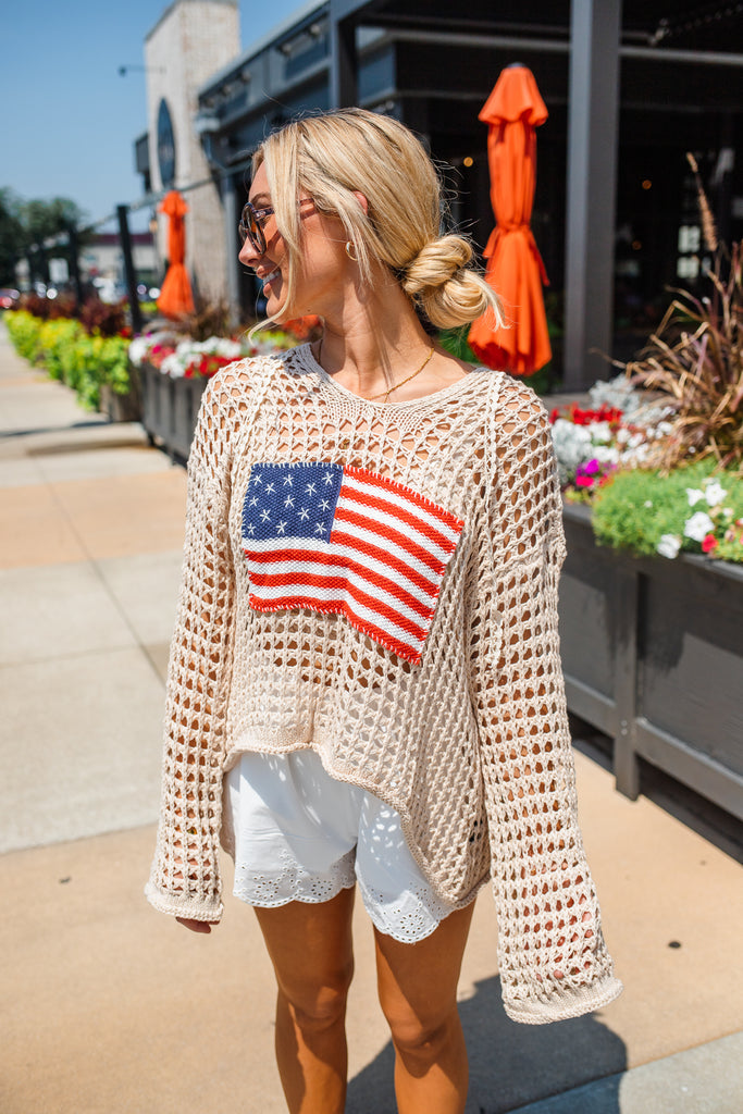 Crochet American Flag Top - Beige - BluePeppermint Boutique