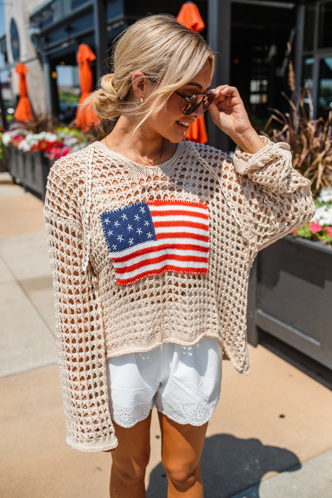 Crochet American Flag Top - Beige - BluePeppermint Boutique