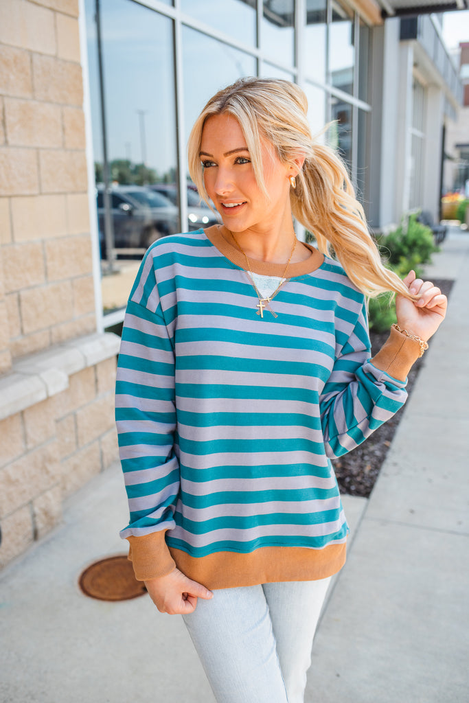 Rockie Striped Sweatshirt - Teal - BluePeppermint Boutique