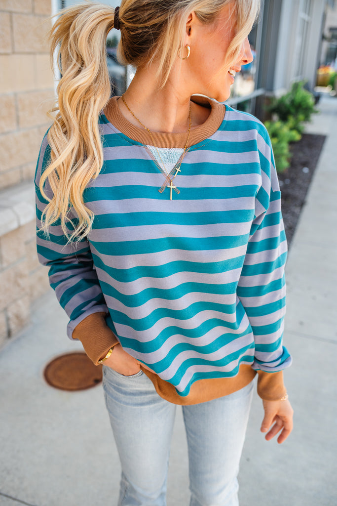 Rockie Striped Sweatshirt - Teal - BluePeppermint Boutique