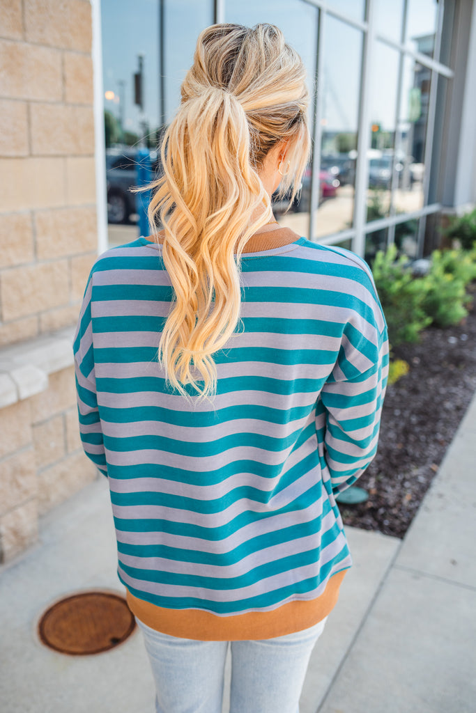 Rockie Striped Sweatshirt - Teal - BluePeppermint Boutique