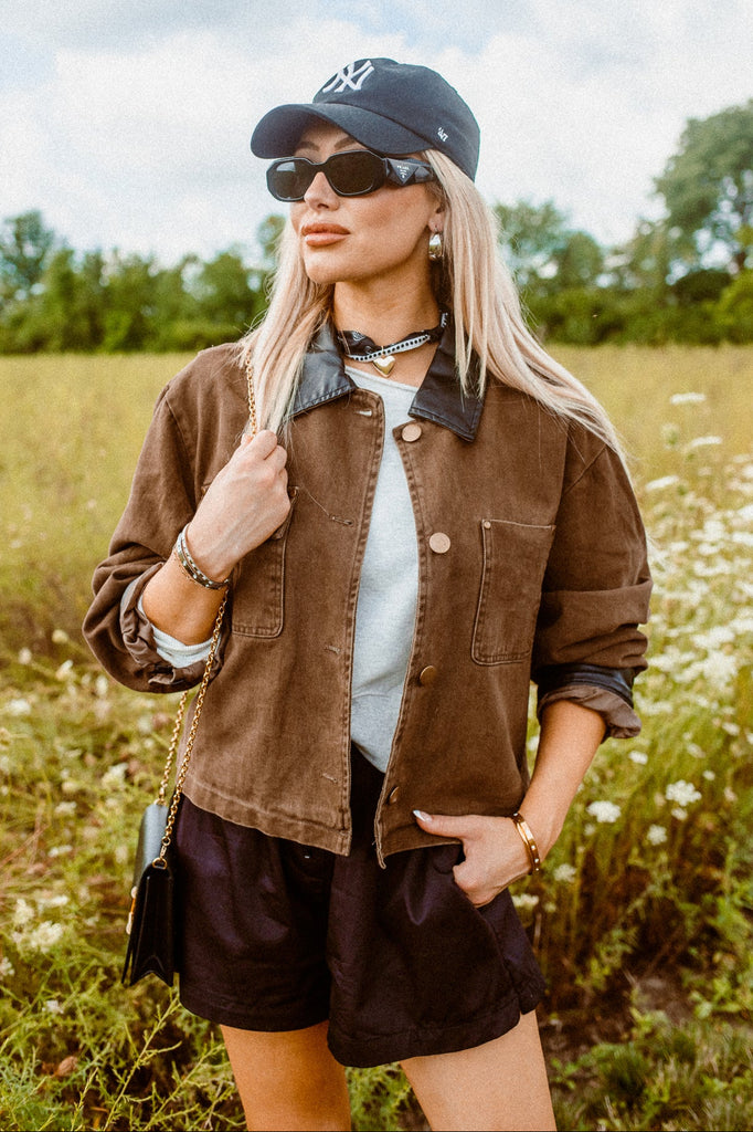 Cocoa Leather Trim Jacket - BluePeppermint Boutique