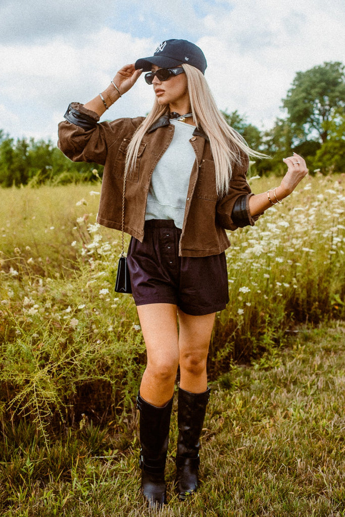 Cocoa Leather Trim Jacket - BluePeppermint Boutique