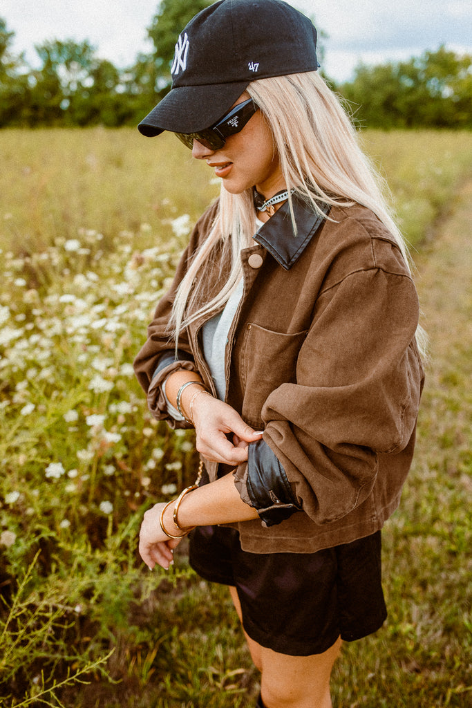 Cocoa Leather Trim Jacket - BluePeppermint Boutique