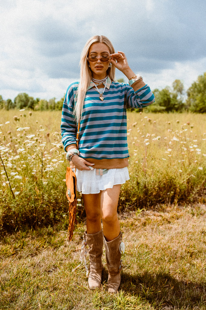 Rockie Striped Sweatshirt - Teal - BluePeppermint Boutique