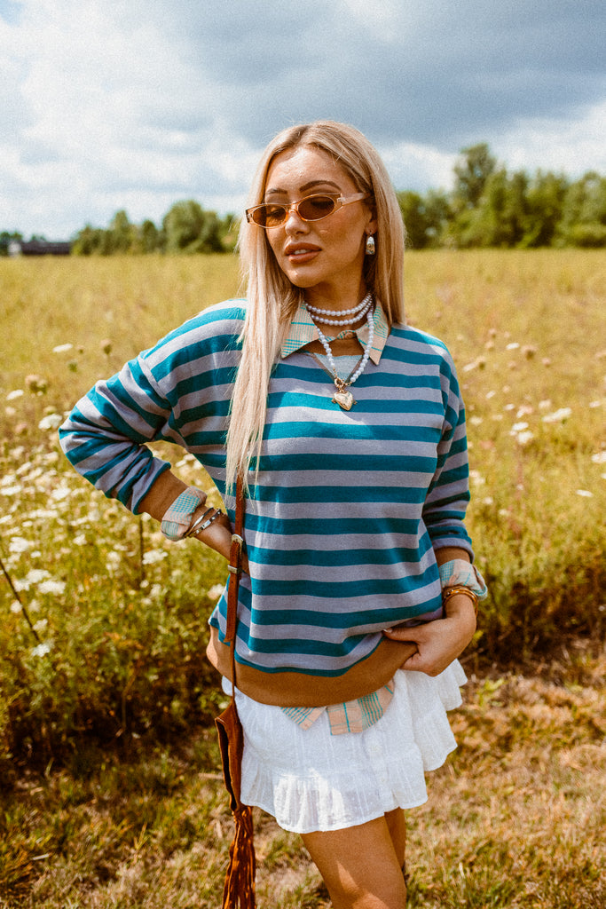 Rockie Striped Sweatshirt - Teal - BluePeppermint Boutique