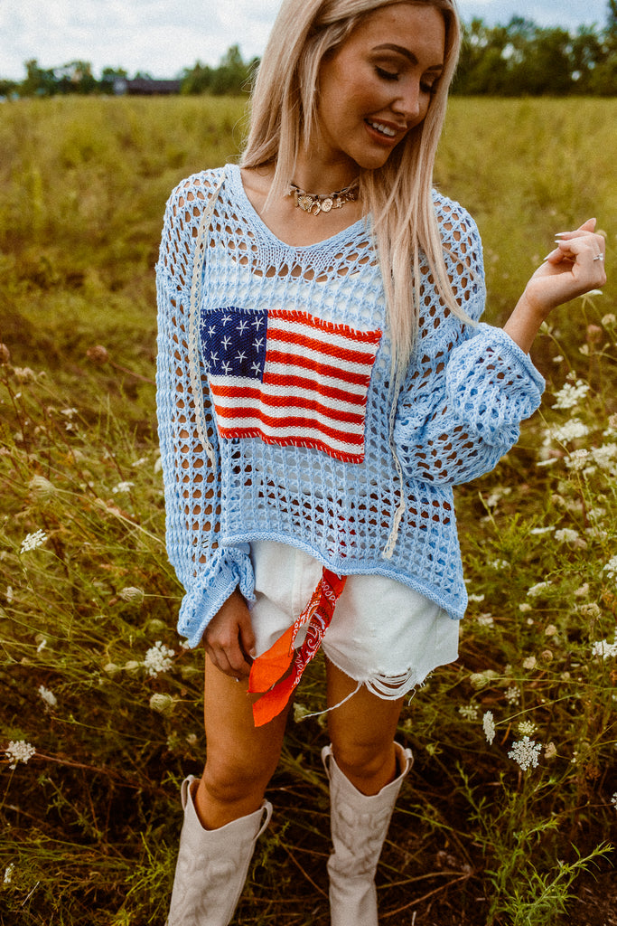 Crochet American Flag Top - Blue - BluePeppermint Boutique