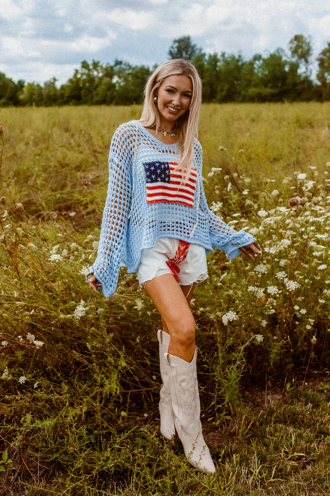Crochet American Flag Top - Blue - BluePeppermint Boutique