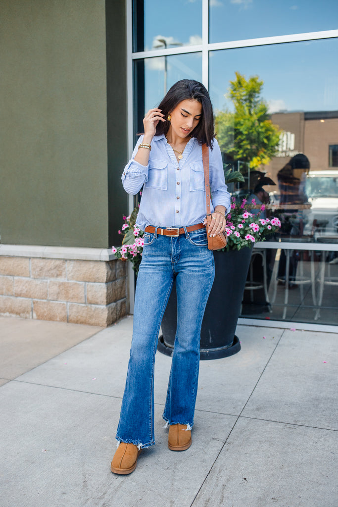 Westside Striped Button Down - Navy - BluePeppermint Boutique