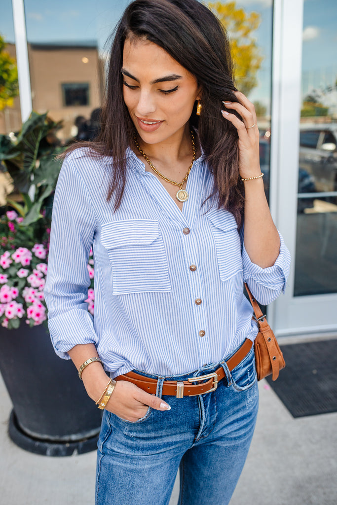 Westside Striped Button Down - Navy - BluePeppermint Boutique