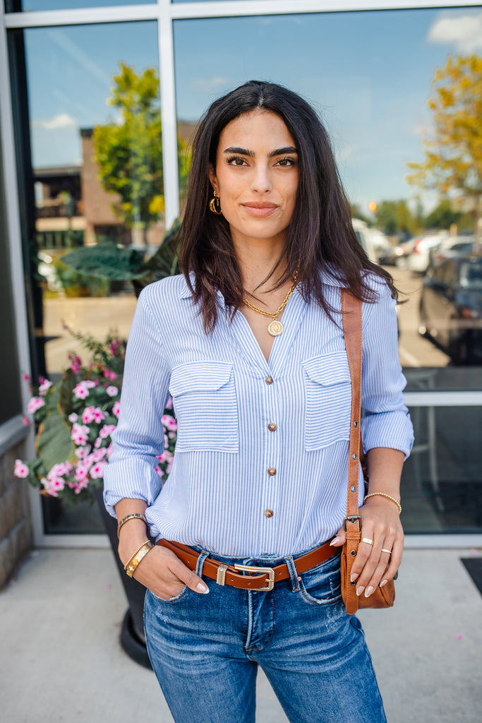 Westside Striped Button Down - Navy - BluePeppermint Boutique