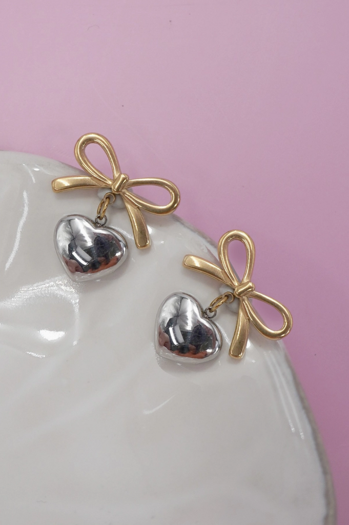 Two-Tone Bow Heart Drop Earrings - BluePeppermint Boutique