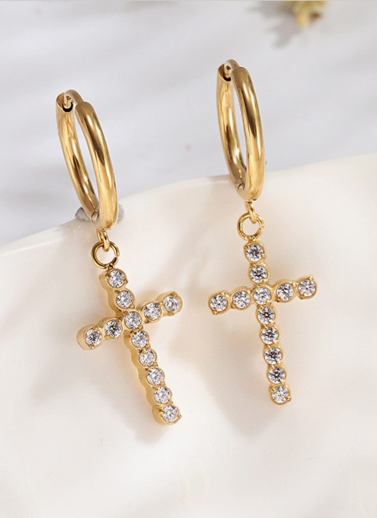 Bezel Cross Dangle Hoops - BluePeppermint Boutique