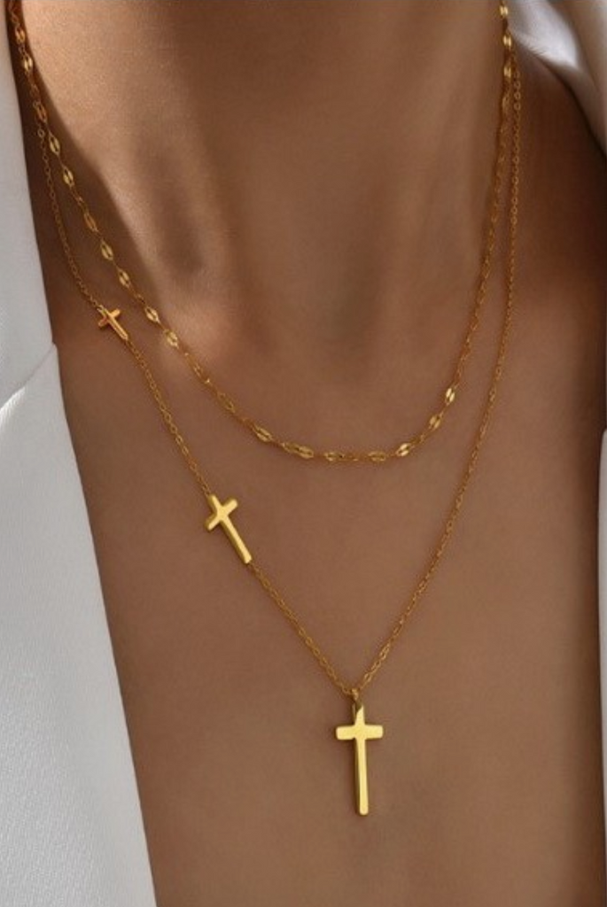 Gold Triple Layered Cross Necklace - BluePeppermint Boutique