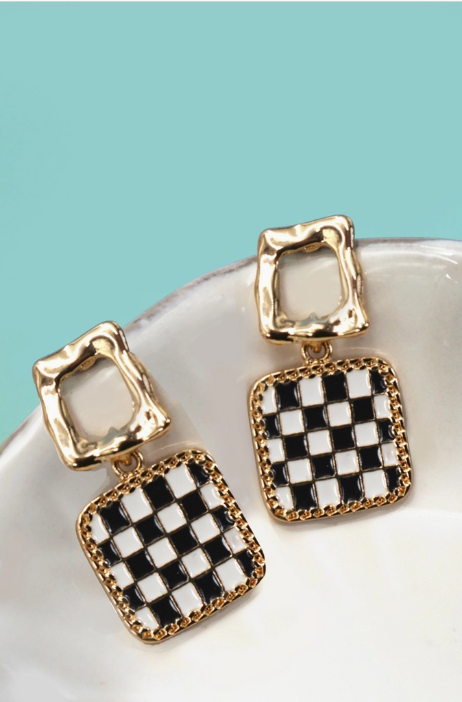 Double Square Checker Drop Earrings - BluePeppermint Boutique