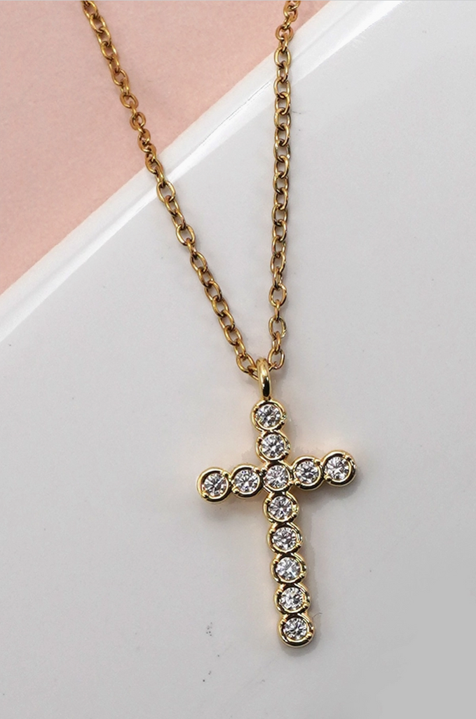 Bezel Cross Necklace - Gold - BluePeppermint Boutique