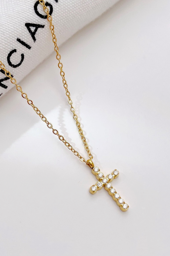 Bezel Cross Necklace - Gold - BluePeppermint Boutique