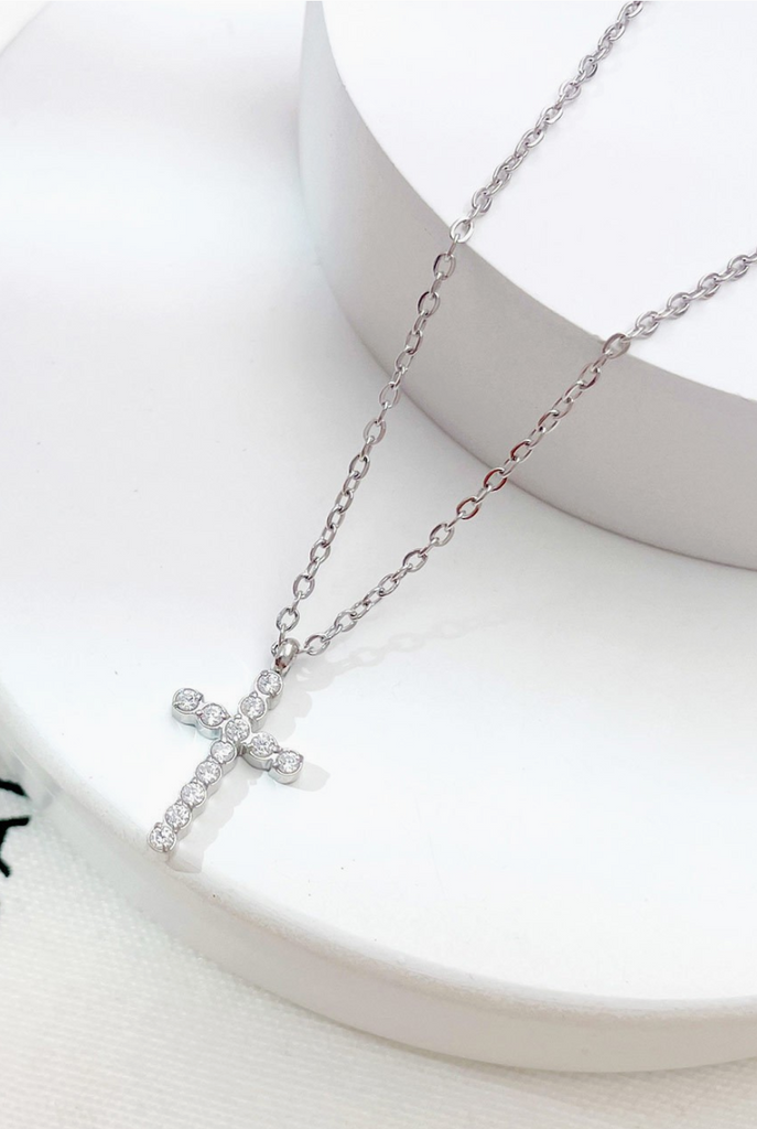 Bezel Cross Necklace - Silver - BluePeppermint Boutique