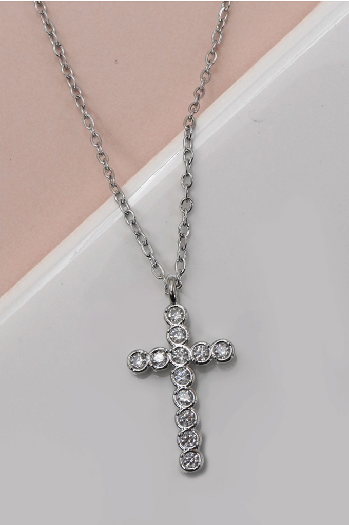Bezel Cross Necklace - Silver - BluePeppermint Boutique