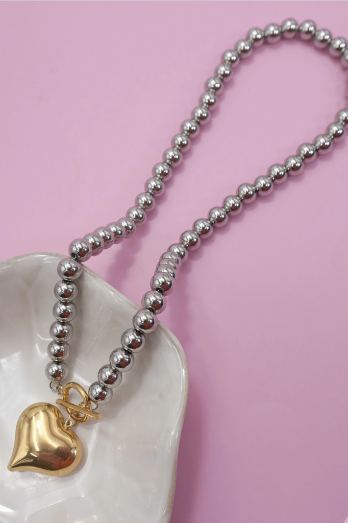 Two-Tone Puffy Heart Necklace - BluePeppermint Boutique