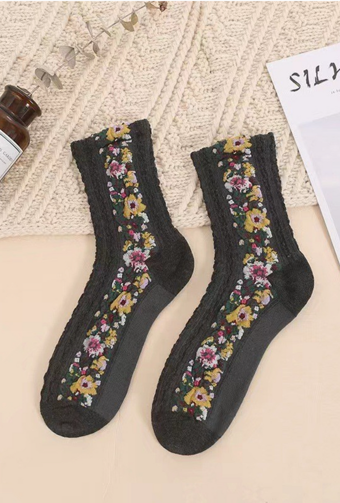 Floral Knit Socks - Black - BluePeppermint Boutique
