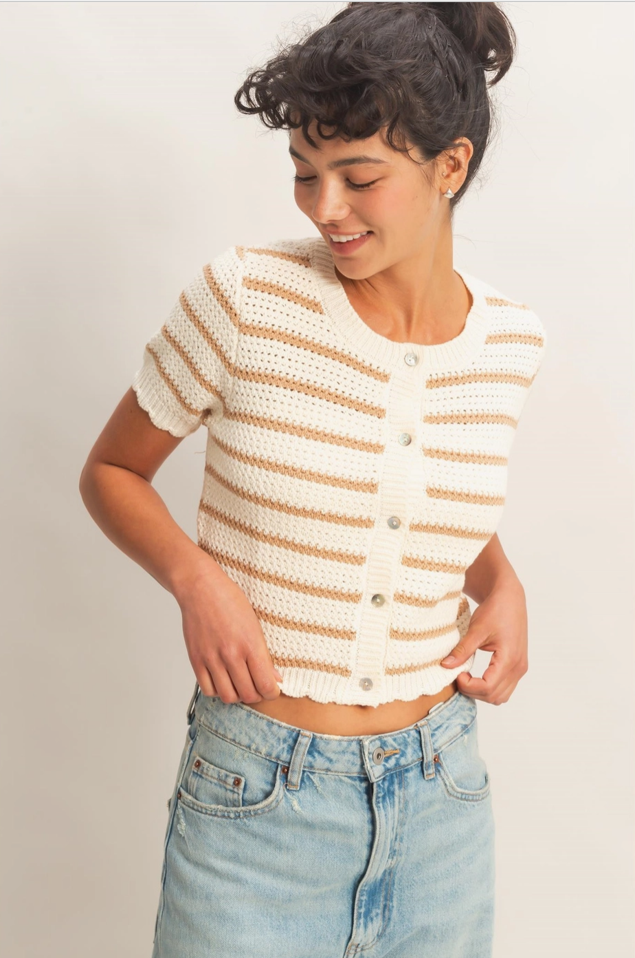 Scallop Edge Striped Short Sleeve Cardigan - Taupe-FINAL SALE