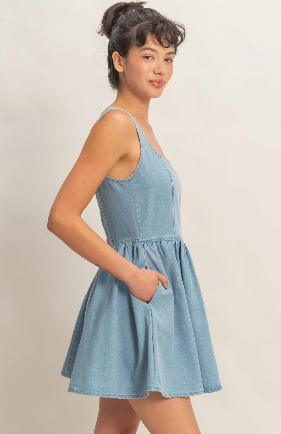 light blue denim dress Bell Sleeve Mini Denim Dress For Women - Light Blue Flare Cuff Button Down Belted Jean Shirt Dress