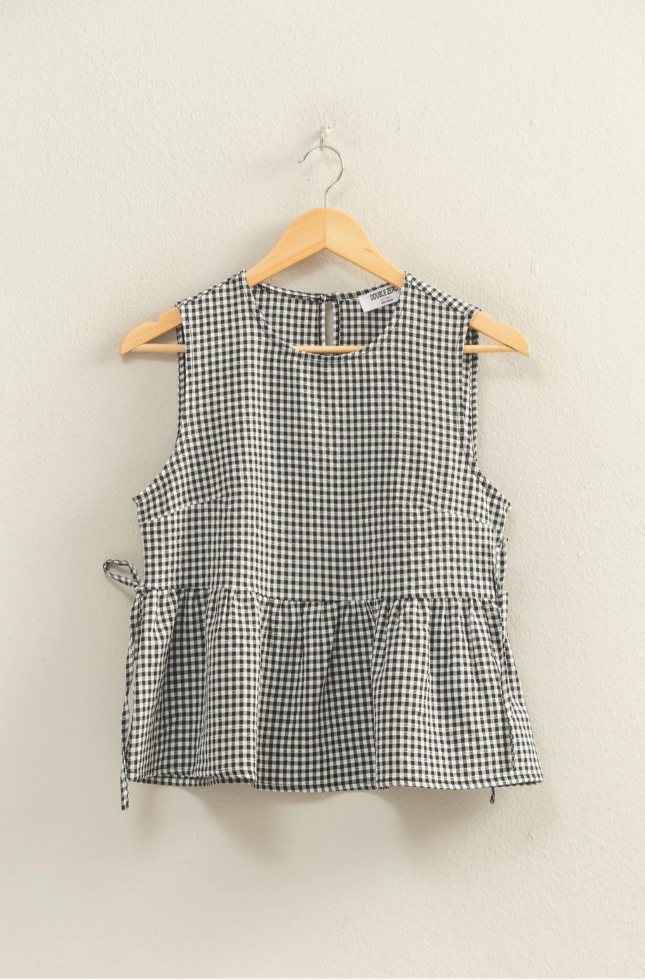 Tied Together Gingham Sleeveless Peplum Top - Black Tied Together Gingham Sleeveless Peplum Top - Black