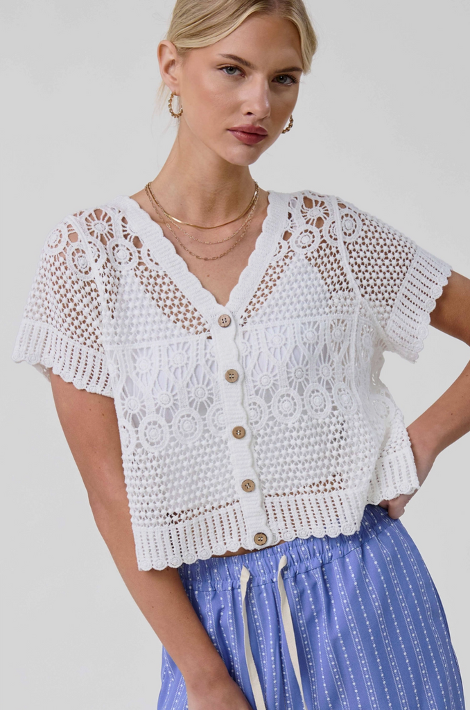 Sugar Open Knit Scallop Edge Cardigan - White Daisy